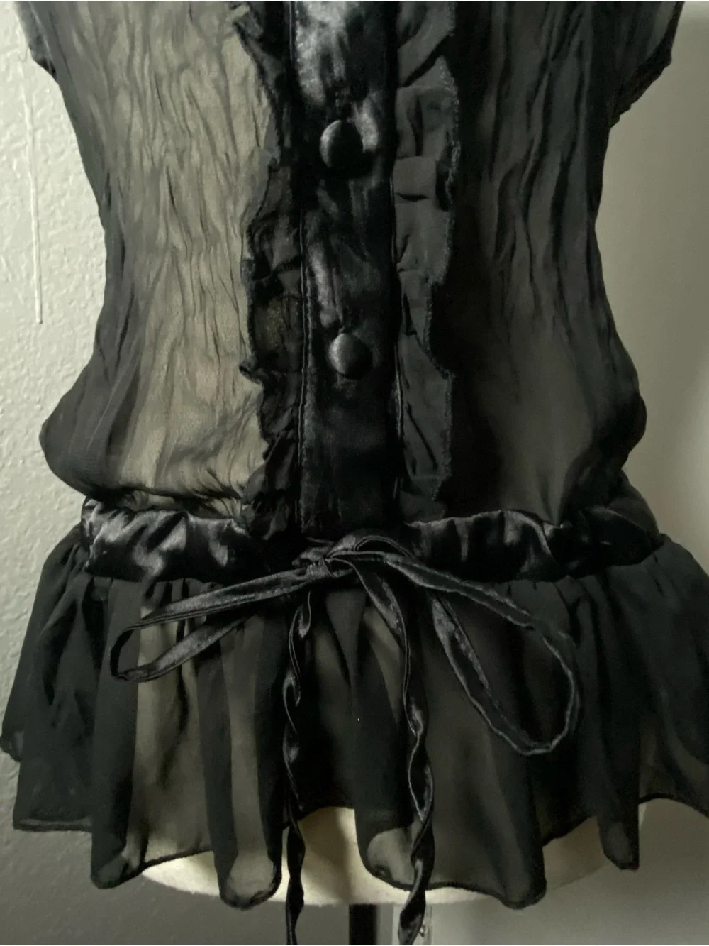 Y2K Whimsygoth Black Chiffon & Satin Drawstring Waist Blouse Size Medium